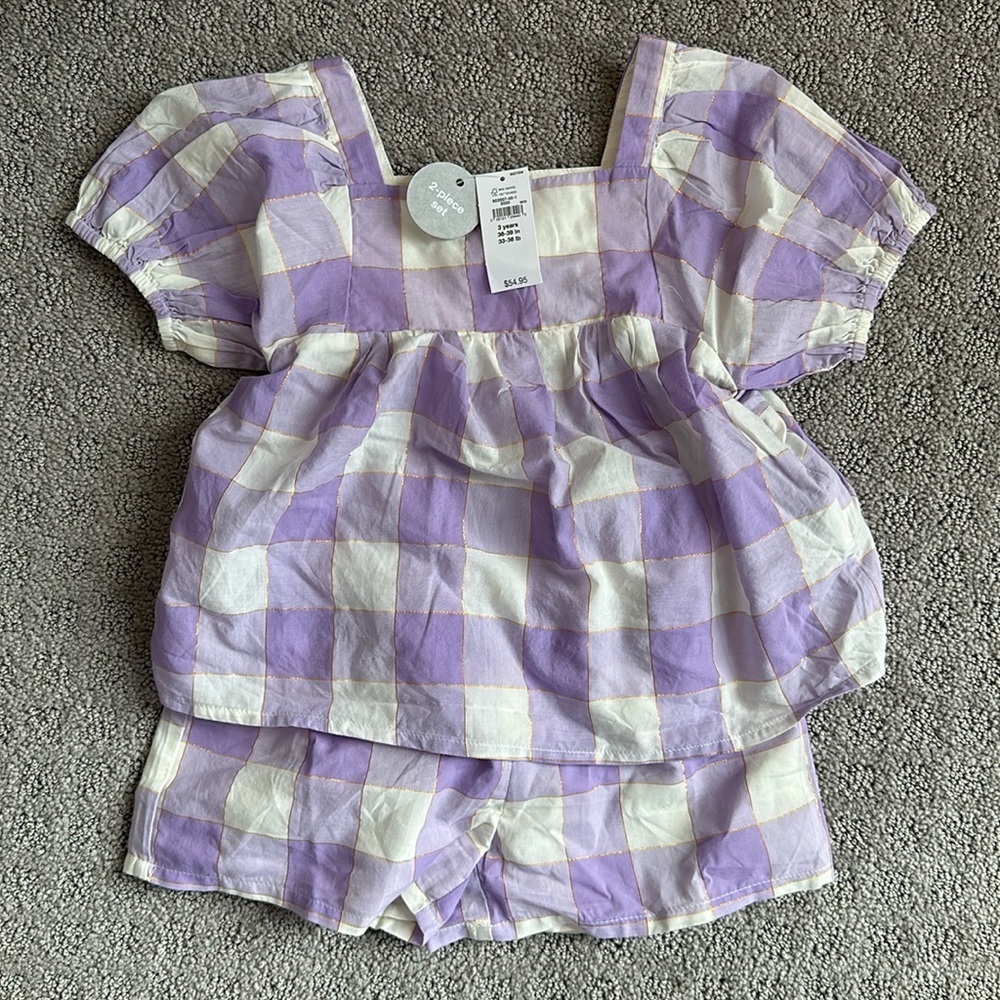 Beautiful GAP Toddler Girls Shiny Gingham Puff Sleeve Outfit Set - 3T - purple
